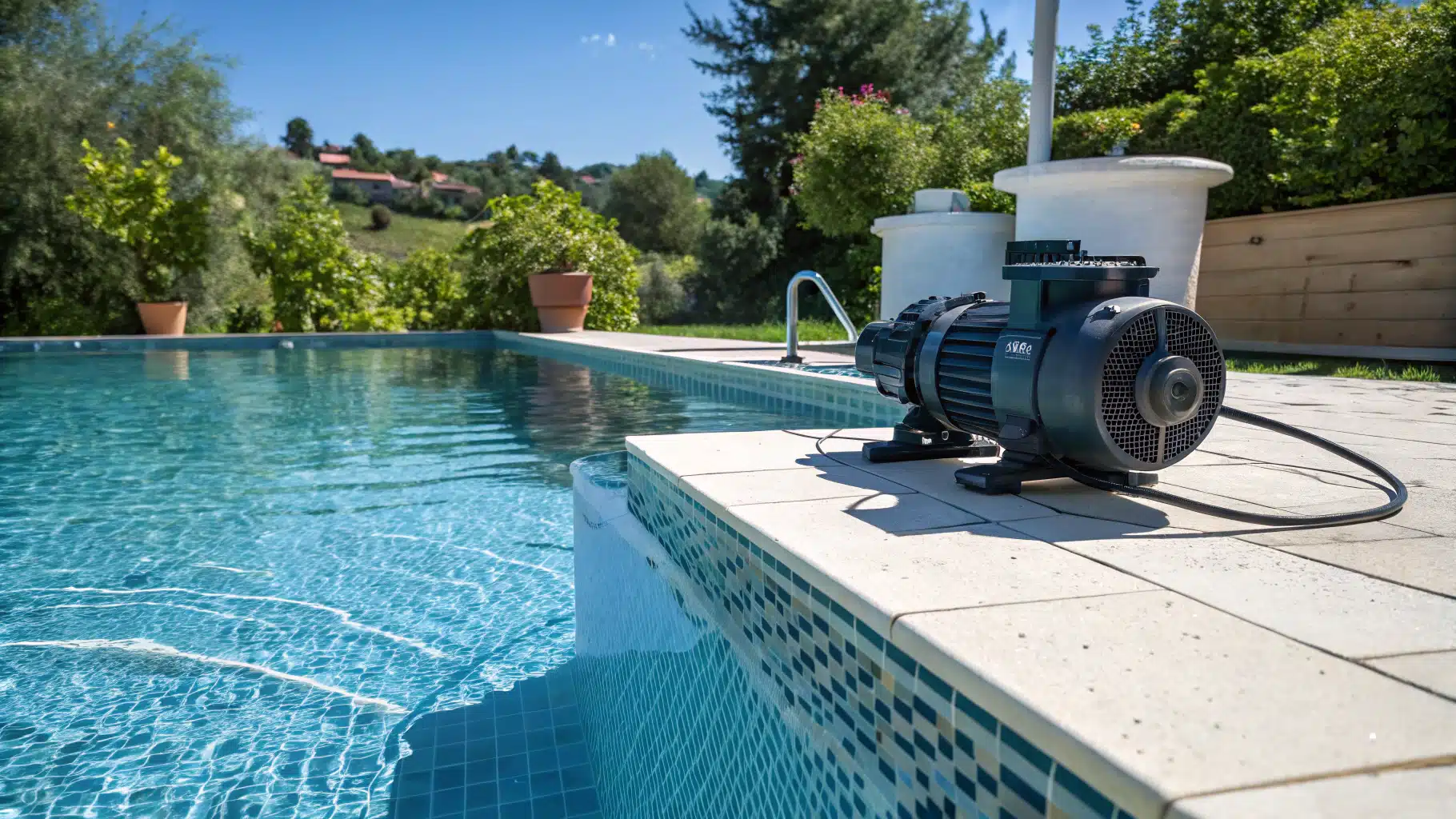 une piscine qvec une pompe à côté